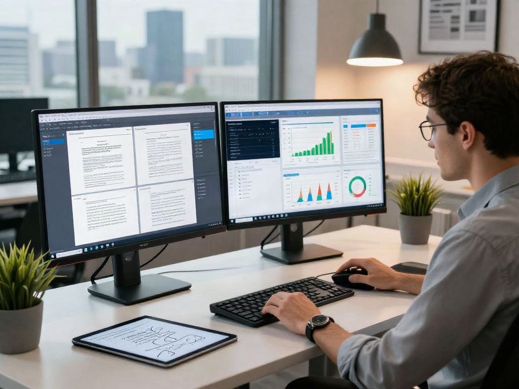Data analyst using a document fraud detection solution in a modern office environment, focusing on analytics and metrics.