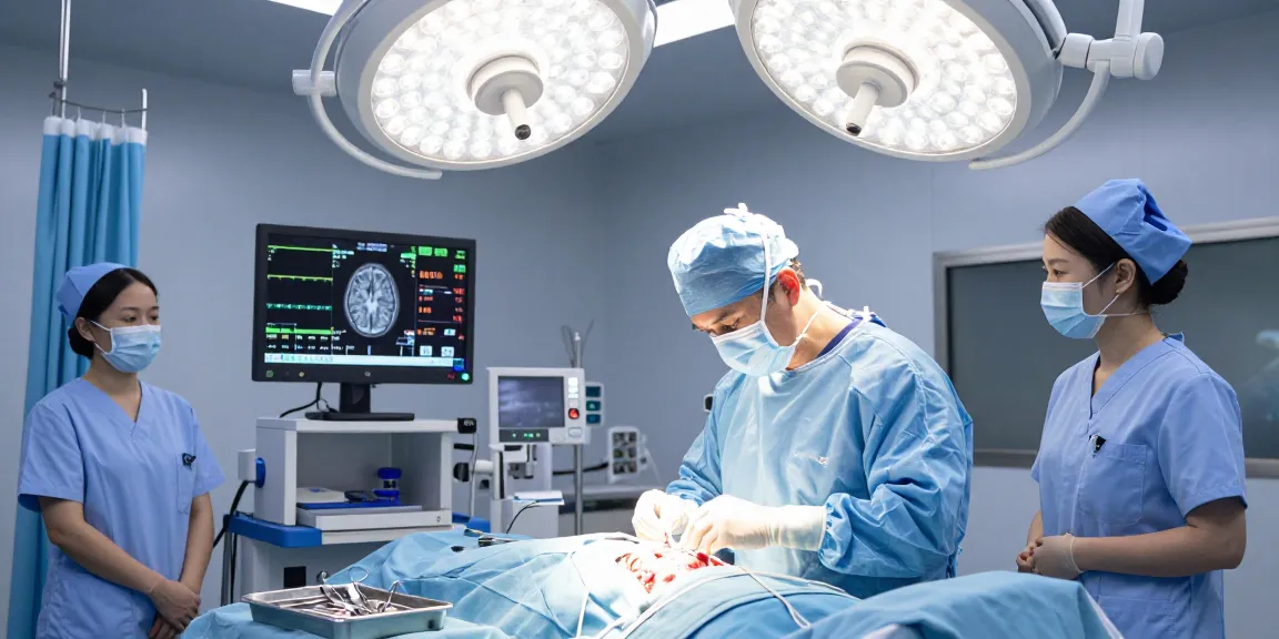 Beyin ameliyatı in a modern operating room with surgeons and high-tech equipment showing expertise and precision.