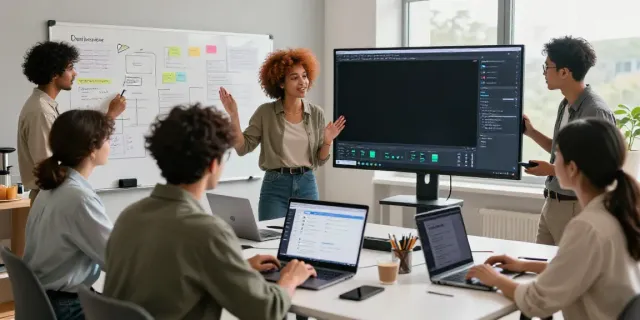 Team collaborating with an AI content generator in Portuguese, showcasing creativity and teamwork.