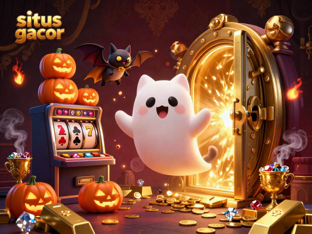 Explore winning strategies at situs gacor with a playful ghost cat and vampire bat amidst dazzling casino treasures.