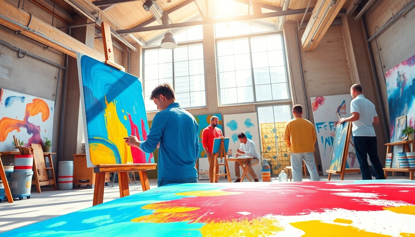 Painting commercial showcasing artists creating vibrant artwork in a bright studio.