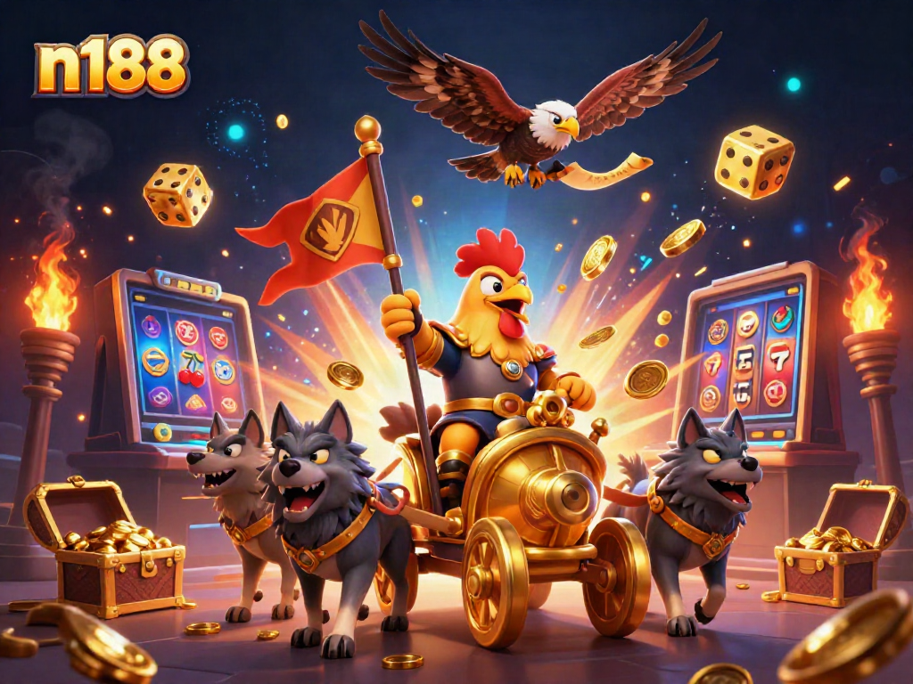 Join the thrilling action at N188 with a vibrant scene of a rooster warlord amidst a jackpot explosion.