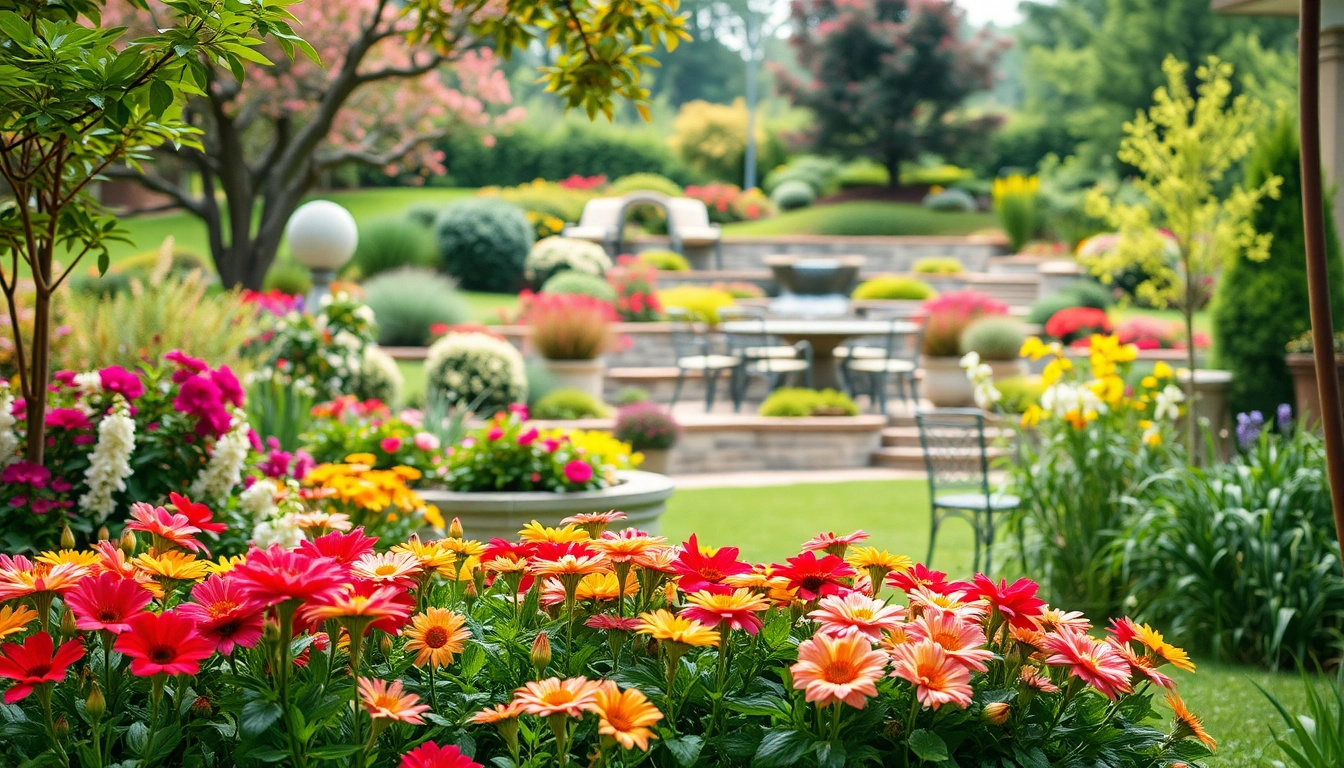 Vibrant backyard landscaping showcasing blooming flowers and a cozy seating area.