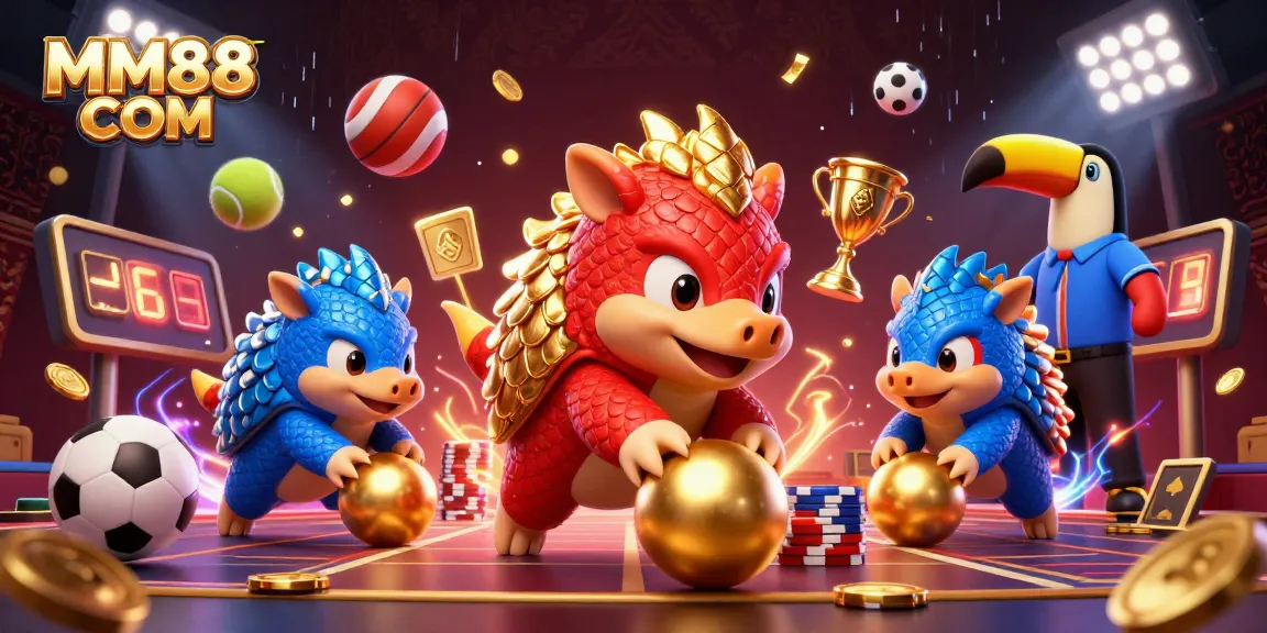 Engage in thrilling gameplay at MM88 COM with pangolins in action amidst vibrant casino elements.
