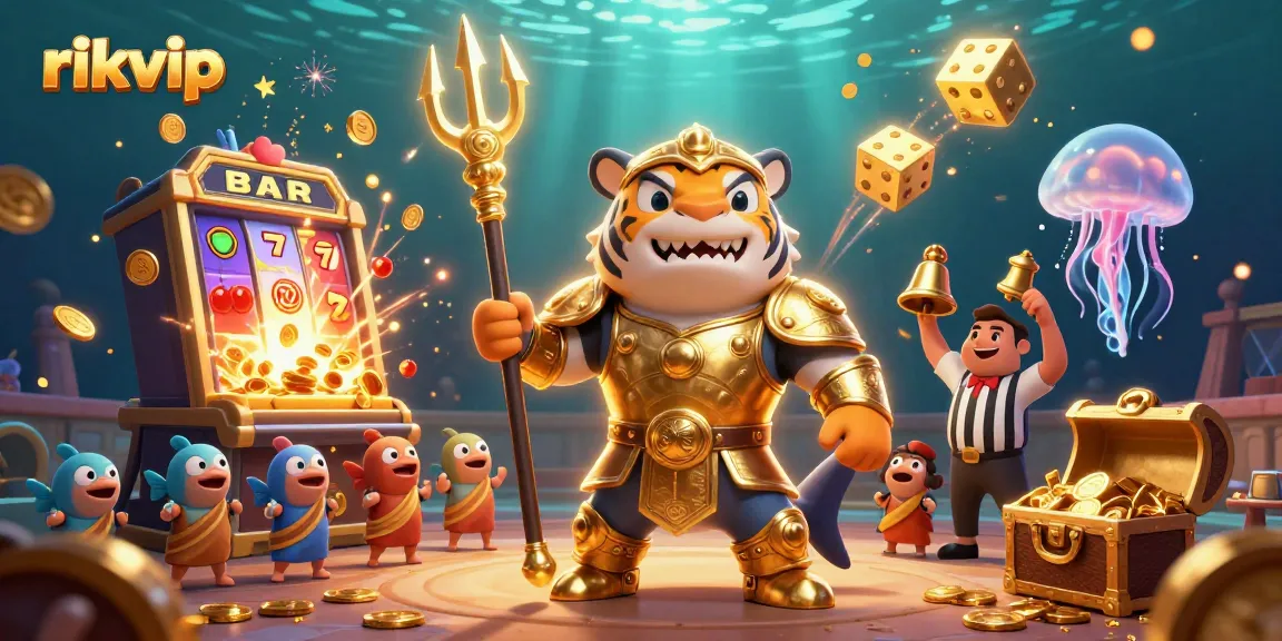 Experience excitement at rikvip with a 3D cartoon scene featuring a tiger shark in a jackpot environment.