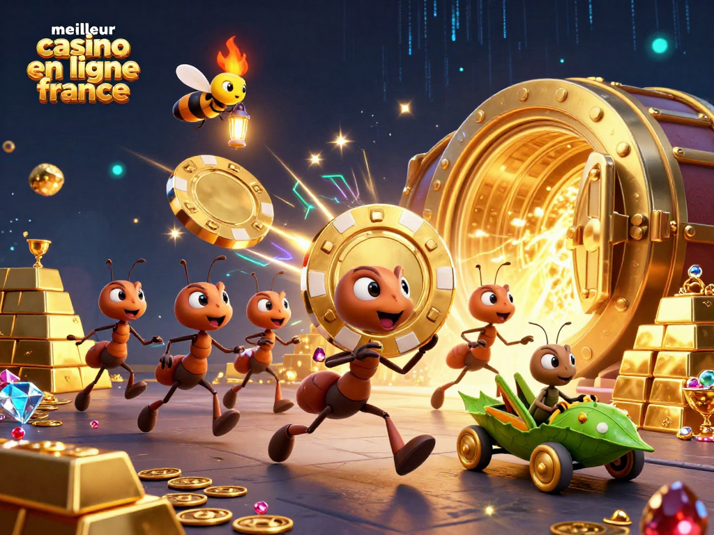 Jouez au meilleur casino en ligne France avec des personnages animés transportant des jetons dorés.