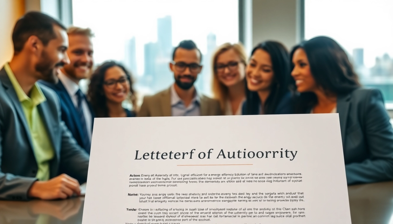 Engaged team collaborating over a letter of authority business energy (LOA) in a bright office setting.
