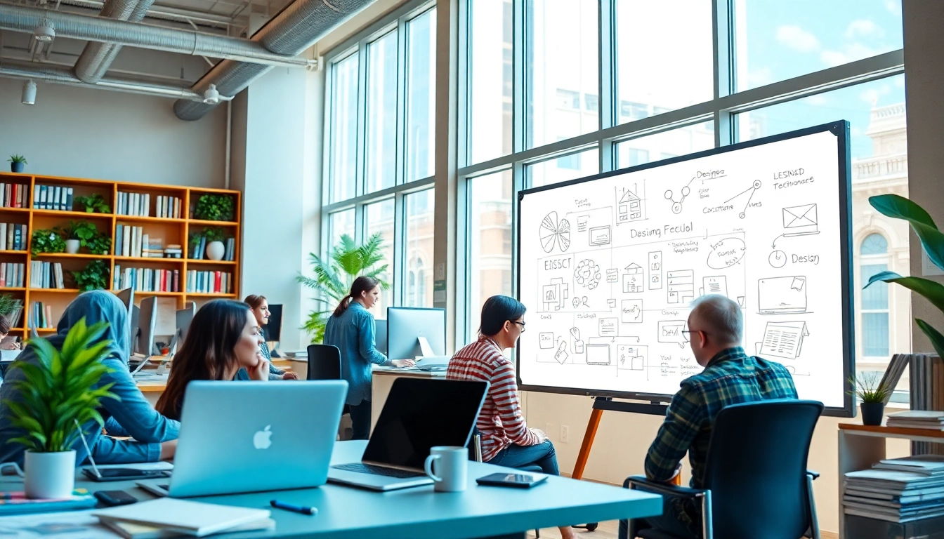 Creative team collaborating on web design edmonton concepts in a vibrant modern office studio.