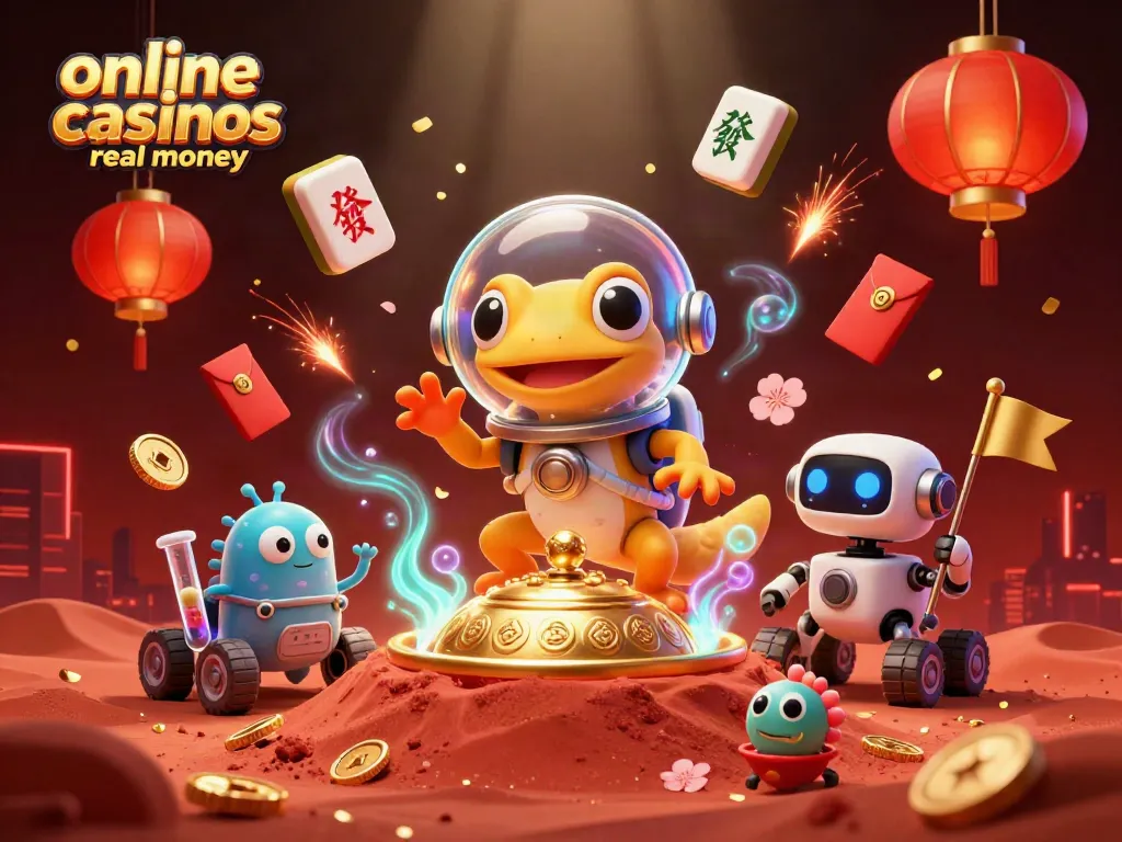 Experience online casinos real money visually with a Martian gecko discovering a golden casino.
