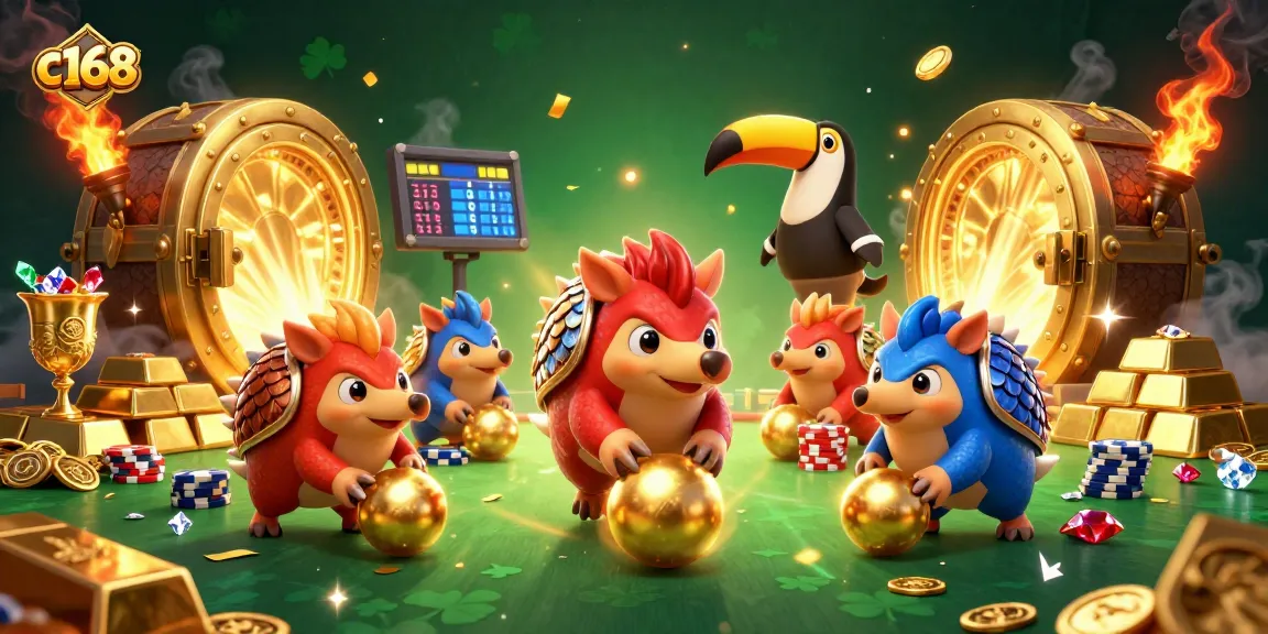 Watch c168 pangolins enhance the game with golden balls and poker chips in an exciting casino scene.