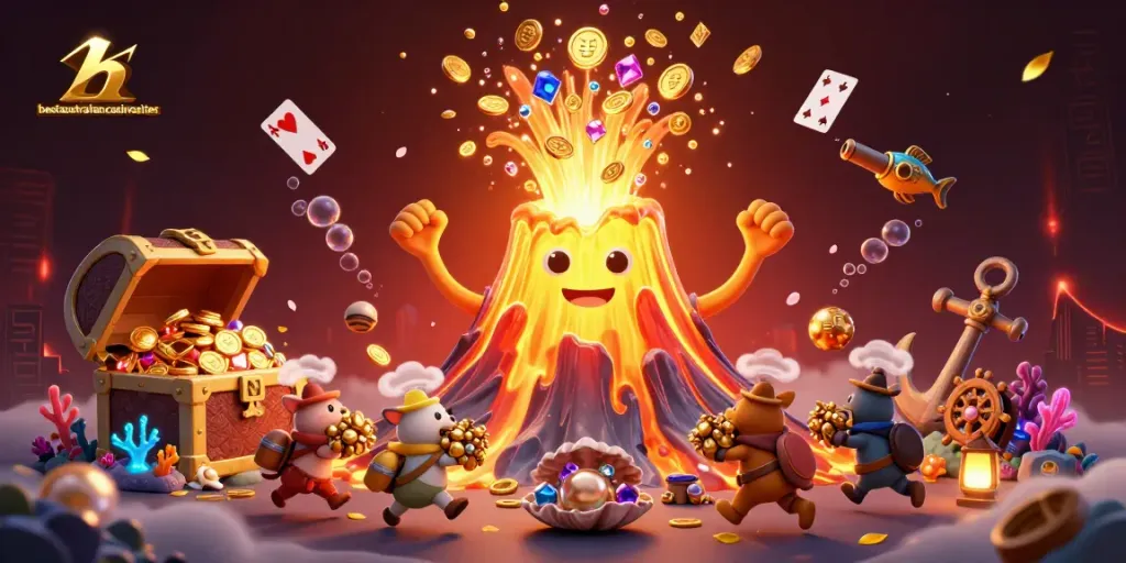Experience thrilling wins with best online craps at bestaustraliancasinosites, showcasing a vibrant volcano erupting treasure.