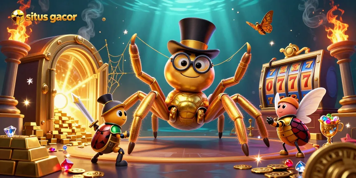 Engage with situs gacor's vibrant scene, featuring a golden tarantula and beetle knight in a casino.