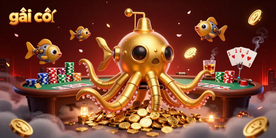 Engage with gái gọi at a crowded casino with poker tables, golden coins, and mechanical fish.