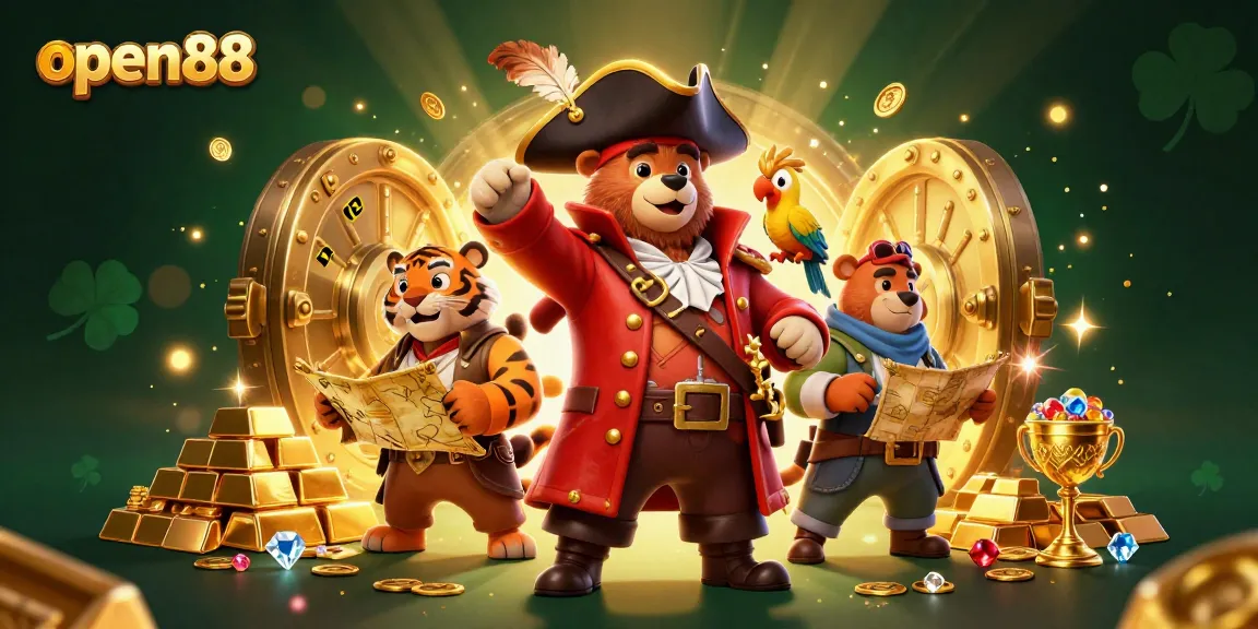 Experience thrilling adventures with open88 in a vibrant 3D pirate-themed treasure hunt filled with gold and gems.