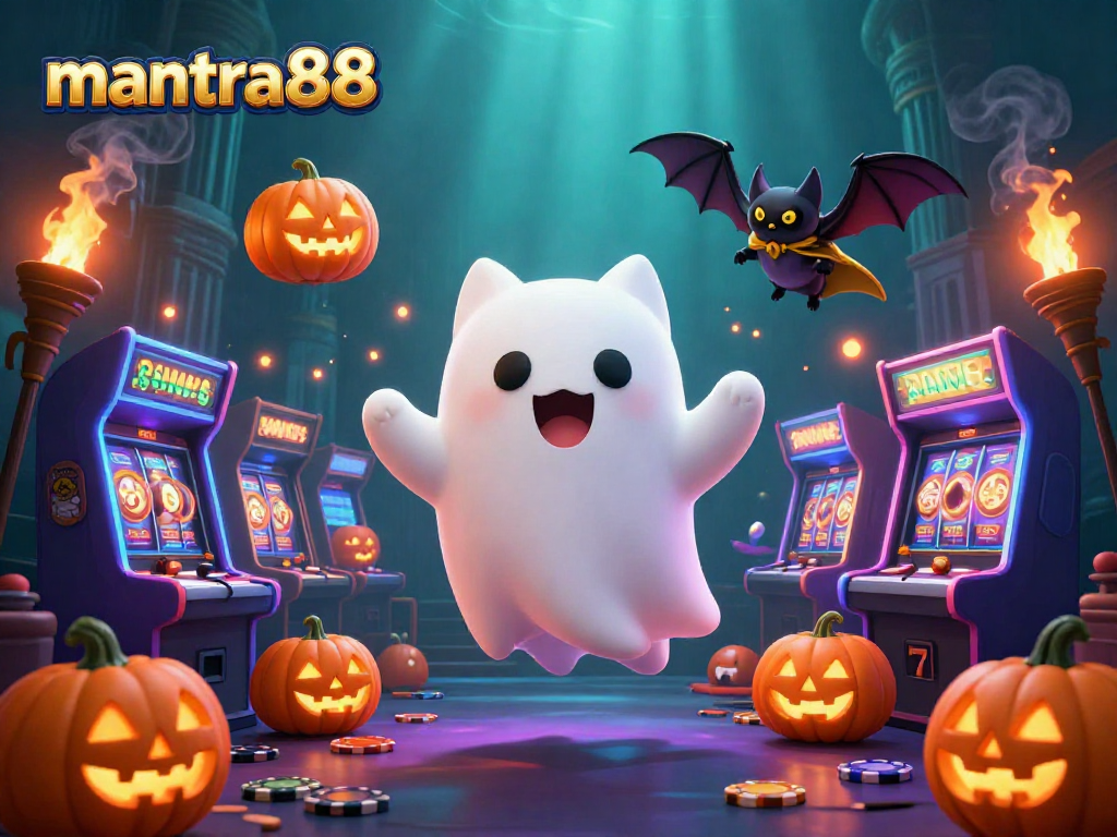 Experience the thrilling fun of mantra88 with our playful ghost cat and vampire bat in a haunted casino.
