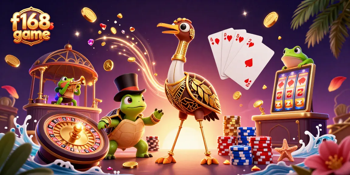Grab winnings at the f168 game as characters celebrate with tokens, cards, and spins in a vibrant casino scene.