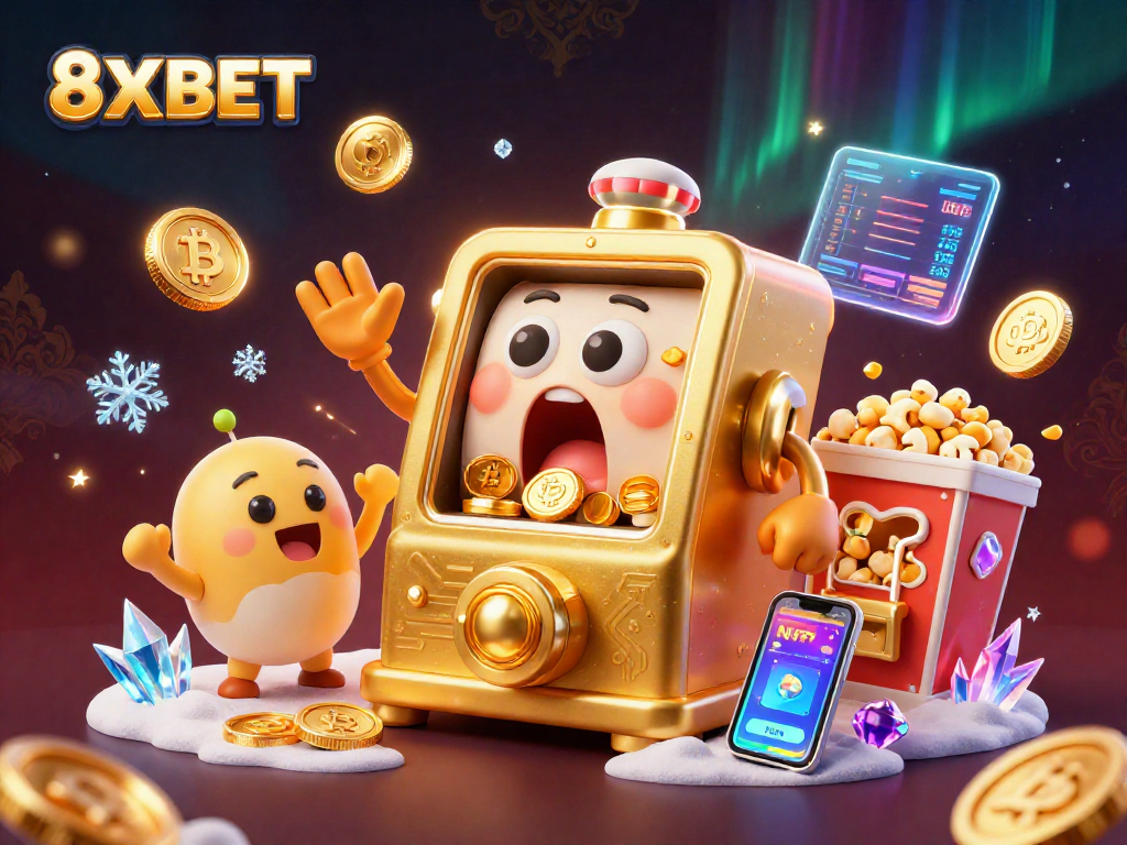 Engage with 8XBET slot machines celebrating jackpots amidst vibrant crypto elements.