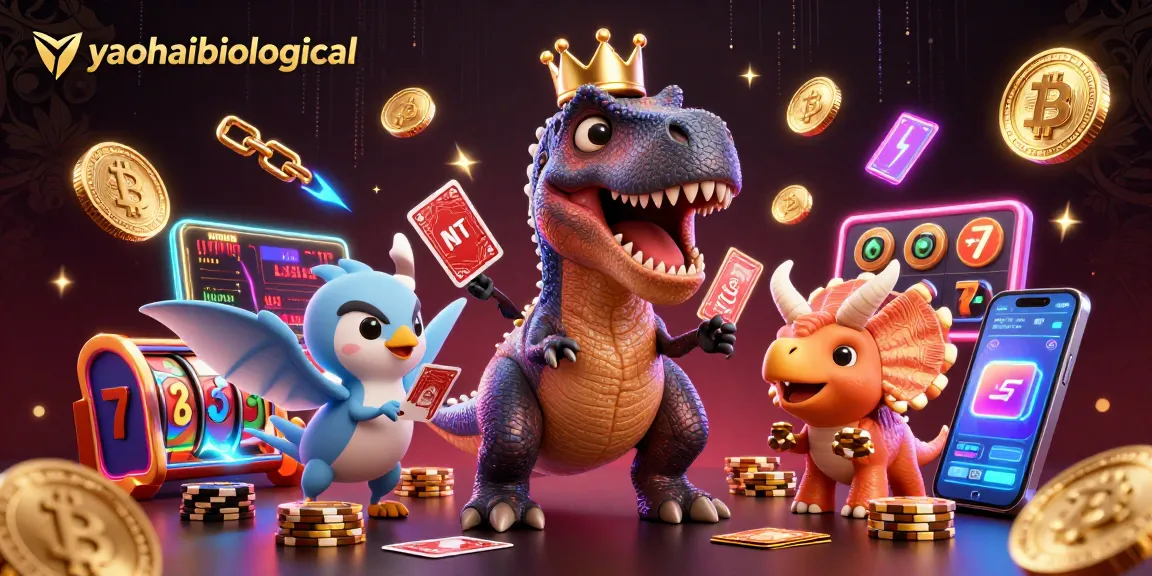 Engaging scene of a 3D T-Rex, pterodactyl, and triceratops celebrating with casino symbols, reflecting yaohaibiological gaming dynamics.