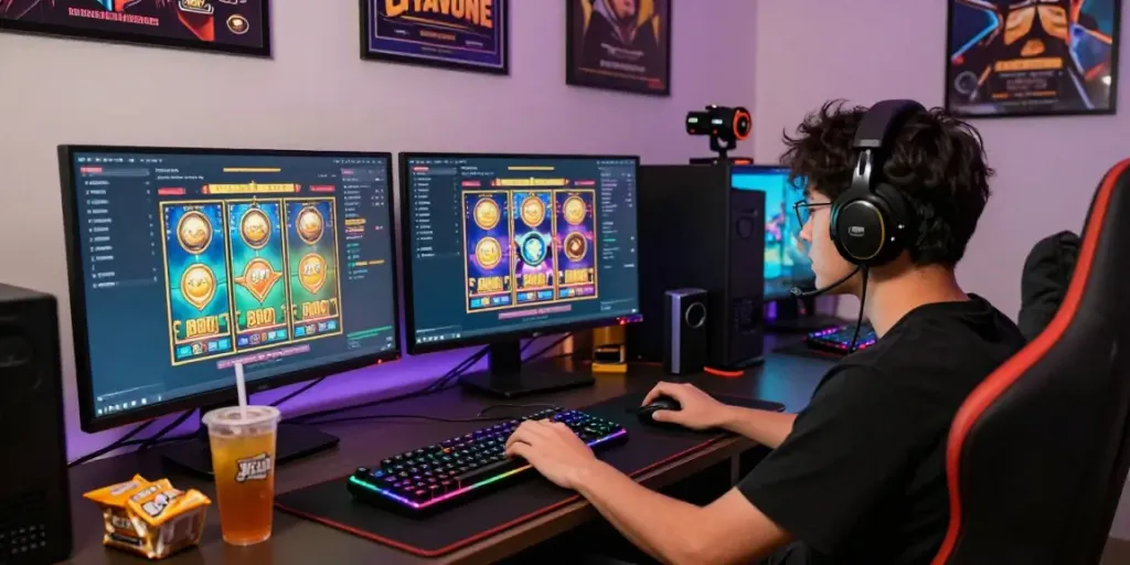 Pengguna JPTOTO beraksi saat bermain game slot dengan kegembiraan, suasana gaming yang energik, peralatan gaming modern.