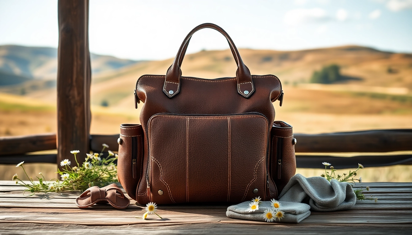 Stylish western diaper bag showcasing textured leather and intricate details against rustic wooden backdrop.