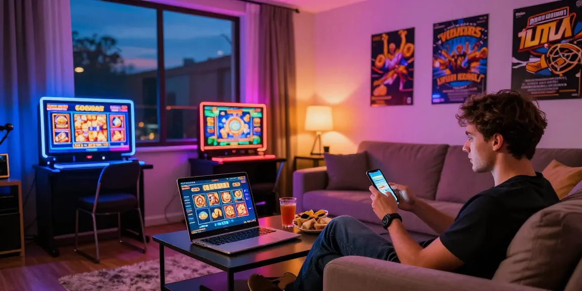 Exciting situs slot gaming scene with vibrant graphics, player enjoying online experience in cozy living room.
