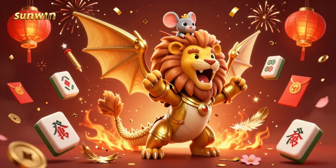 Experience sunwin's vibrant energy with a triumphant chimera, celebrating casino wins.