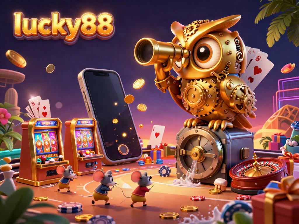 Experience the thrill at lucky88 with a vibrant, lively casino scene featuring a golden owl and wind-up mice patrons.