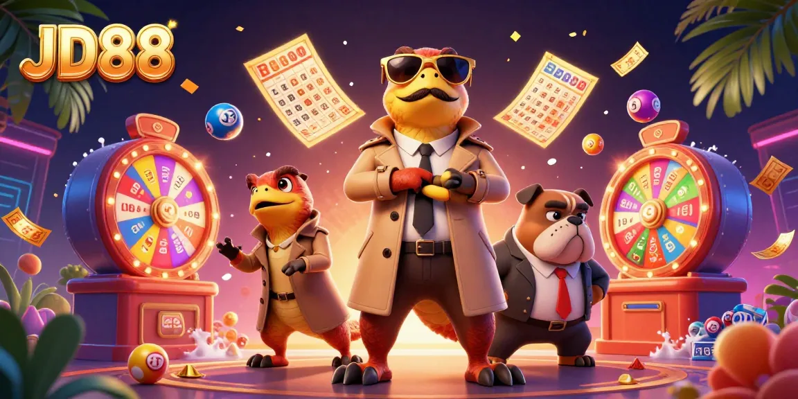 JD88 raptors in a trench coat attempting VIP entry at a vibrant casino, surrounded by lottery elements.
