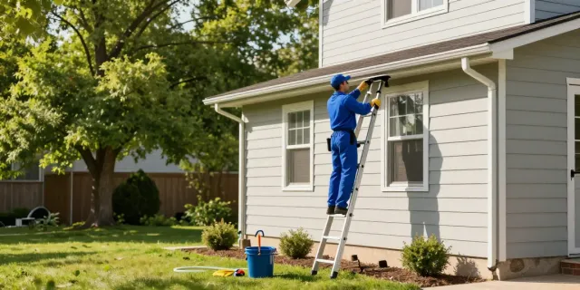 Spokane gutter cleaning expert using a ladder to maintain gutters on a sunny day.