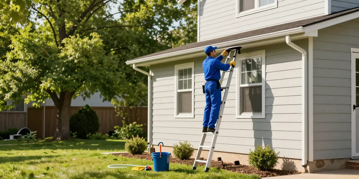 Spokane gutter cleaning expert using a ladder to maintain gutters on a sunny day.