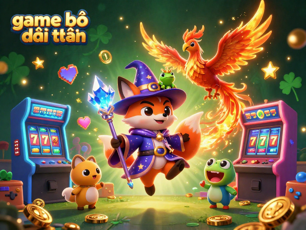 Engaging scene of game bài đổi thưởng featuring a mystical wizard fox, phoenix, and 3D arcade elements.