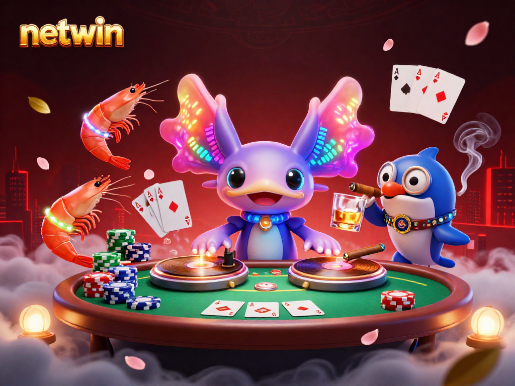 Engage in vibrant netwin gaming with DJ axolotl, poker elements, and animated sea creatures.