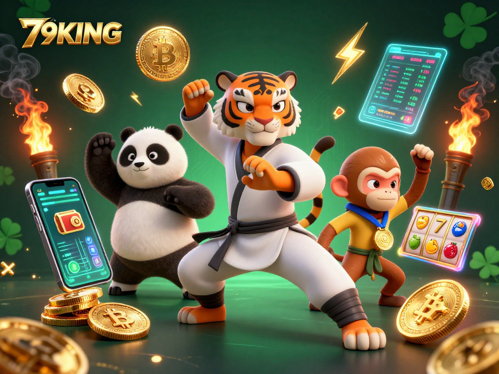 Engage in thrilling gaming scenes with 79KING as characters spar with golden medals and vibrant crypto elements.