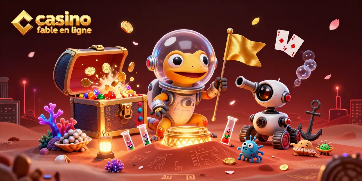Visualisez un casino fiable en ligne révélé par un gecko martien, entouré de pièces d'or et de jeux flottants.