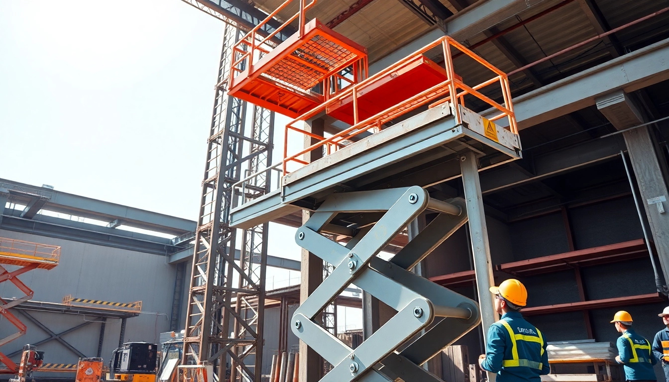 Scissor lift elevating workers safely on a construction site with equipment around.