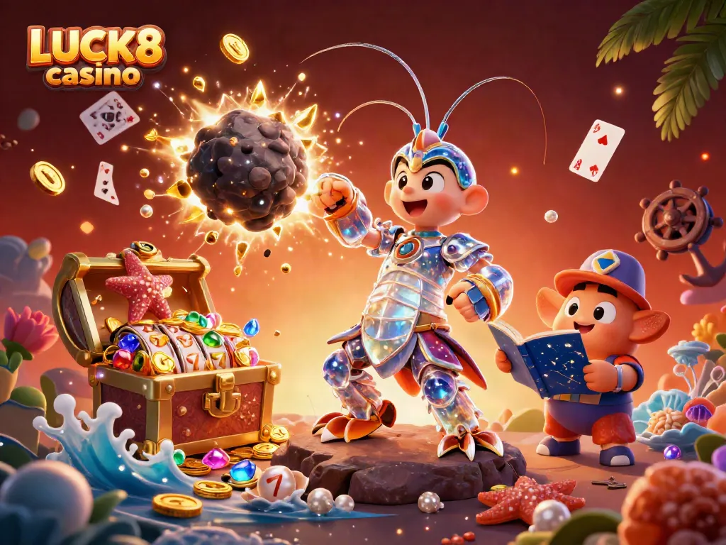 Engage in LUCK8 casino action with vibrant gold coins and lively slot game elements in a dynamic underwater scene.