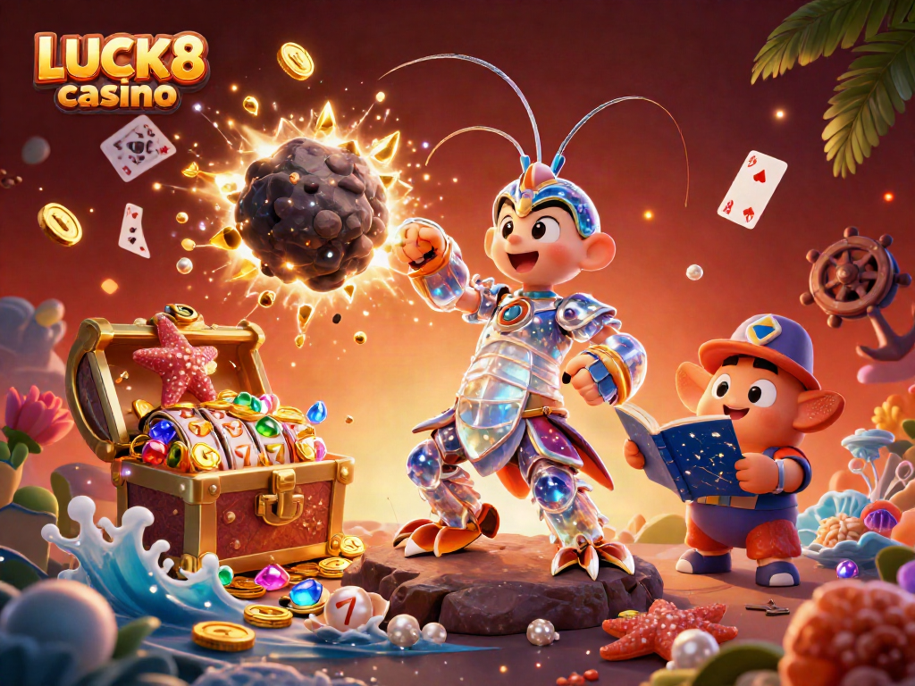 Engage in LUCK8 casino action with vibrant gold coins and lively slot game elements in a dynamic underwater scene.