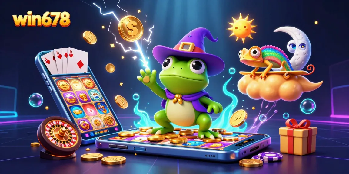 Win678 engages players with colorful slot games and golden coin storms in this vibrant casino scene.