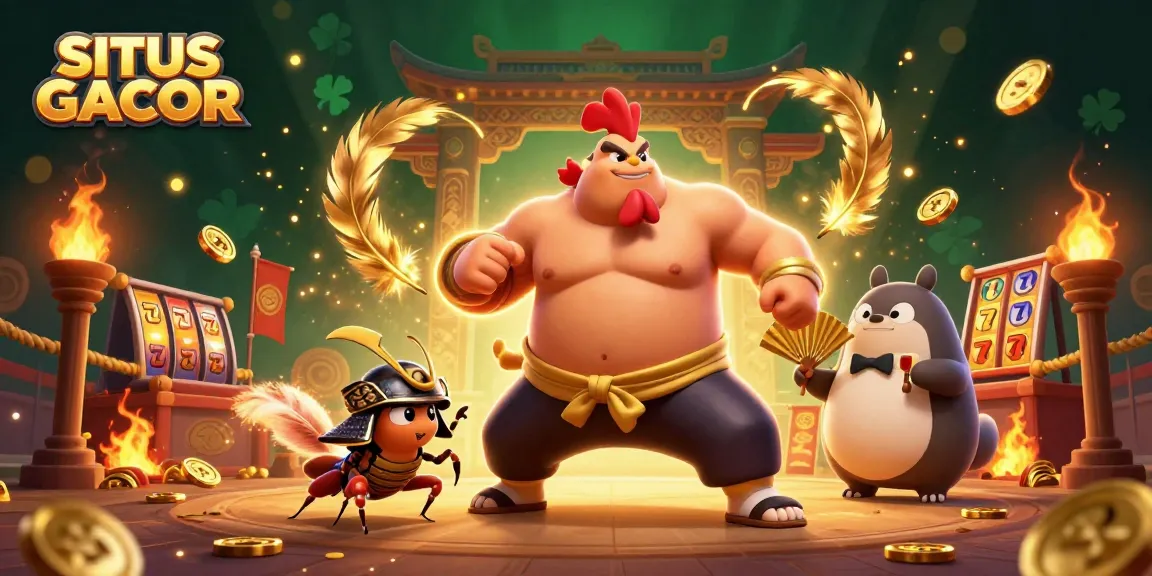 SITUS GACOR showcases a powerful sumo rooster and samurai cricket in a vibrant casino scene with dynamic gaming elements.