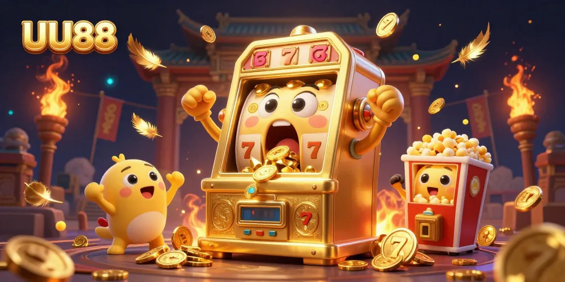 UU88 slot machine celebrating a jackpot win with coins spilling, surrounded by festive casino elements.