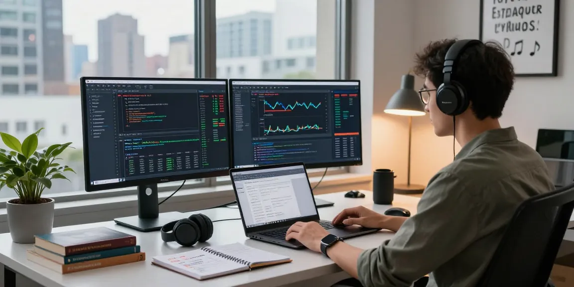 Engaged developer utilizing US stock WebSocket API with real-time data on dual monitors in a modern workspace.