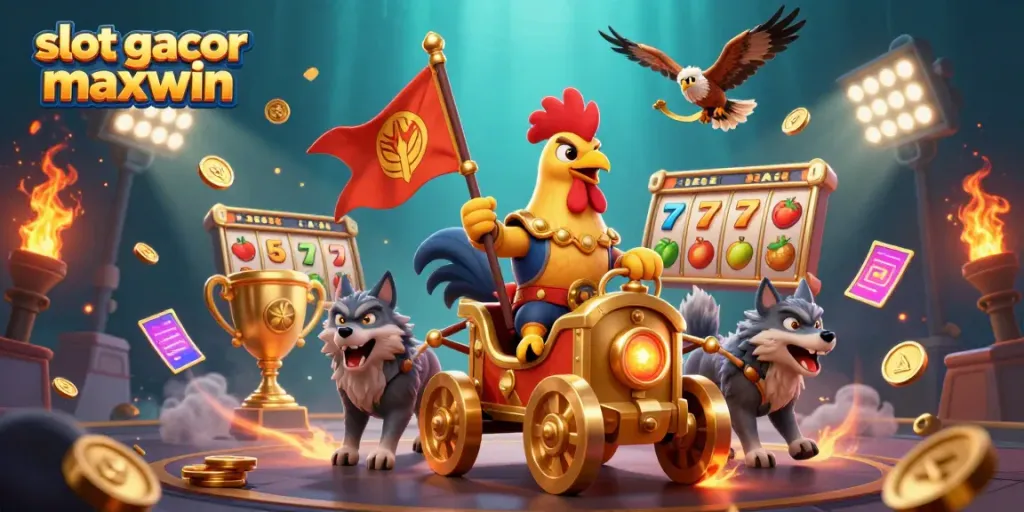 Experience the excitement of slot gacor maxwin with a dynamic illustration showcasing a rooster warlord and rich casino elements.