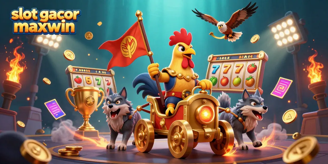 Experience the excitement of slot gacor maxwin with a dynamic illustration showcasing a rooster warlord and rich casino elements.