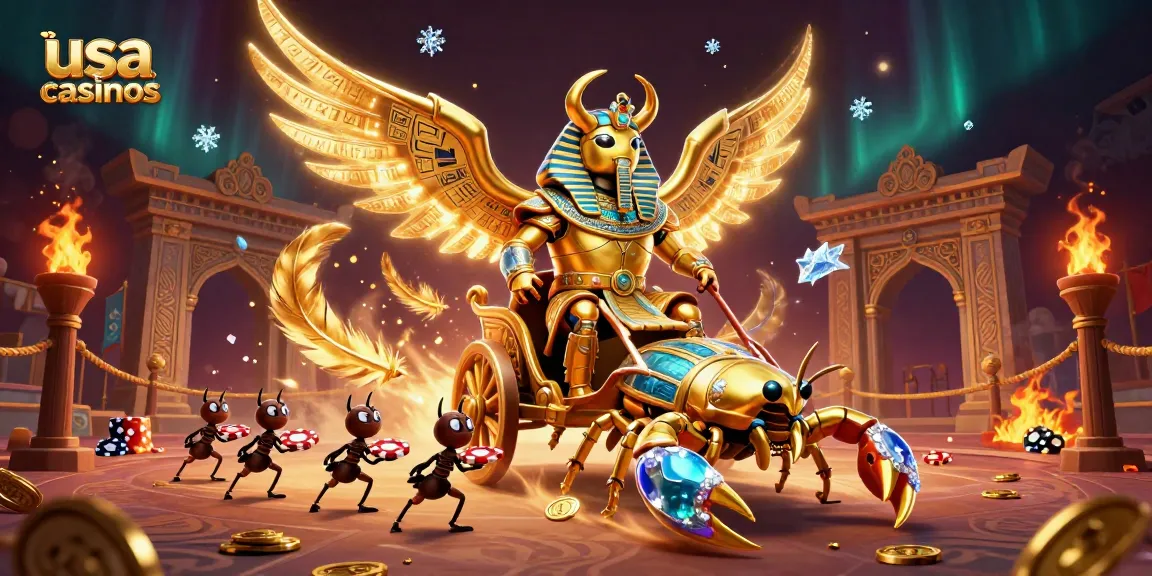 Experience the excitement at usa casinos with a golden scarab beetle in pharaoh armor surrounded by vibrant gambling elements.