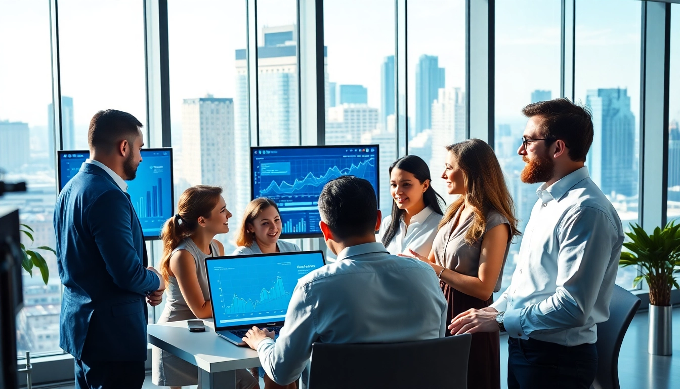 Dynamic meeting of a digital marketing company Australia team strategizing with data analytics.