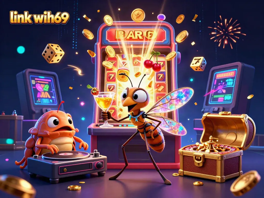 Asal permainan slot online dengan link wih69 yang menarik dijadikan ikon, berlatarkan suasana kasino eksotis.