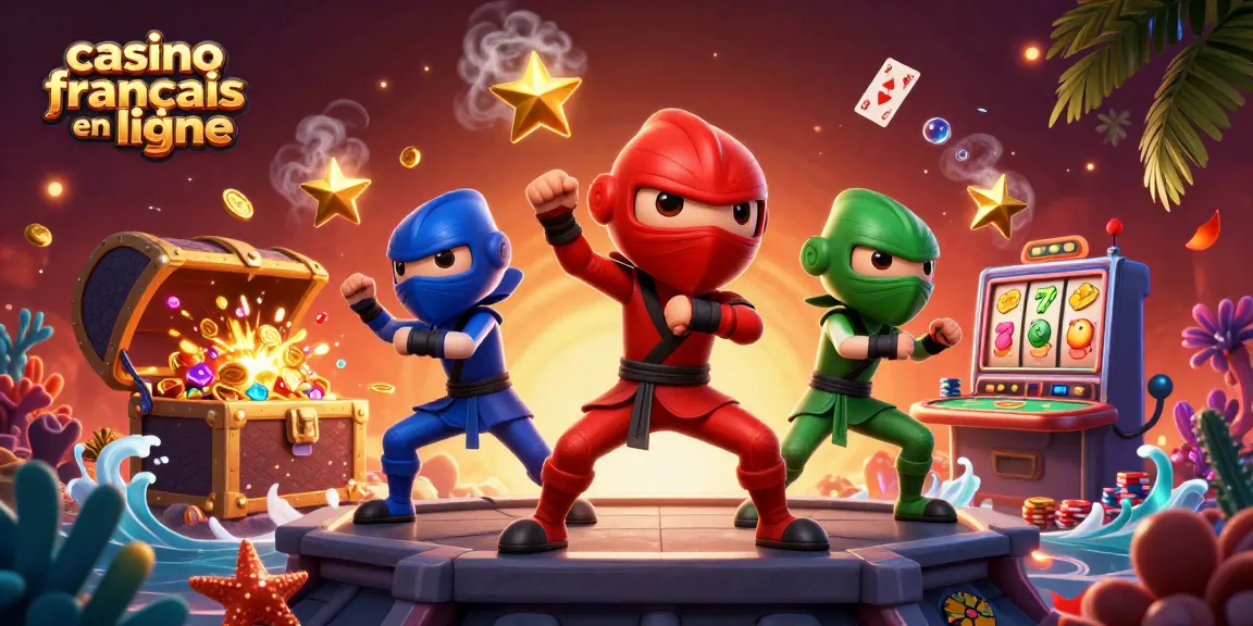 Illustration dynamique de casino français en ligne avec des ninjas et des éléments de jeu.