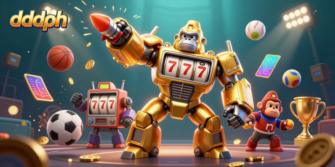 Experience dddph excitement with a golden gorilla mech, coins, and sports action in this vibrant casino scene.