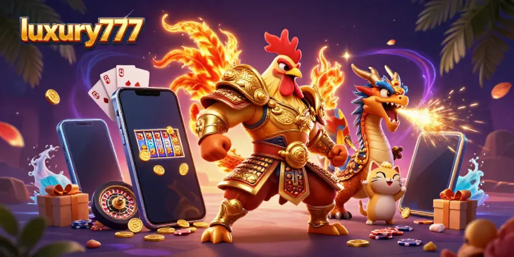 Experience thrilling wins with luxury777 in a vibrant casino-themed scene featuring dynamic characters and games.