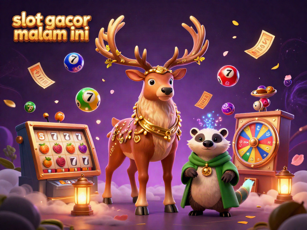 Gambar "slot gacor malam ini" menunjukkan karakter kasino 3D yang beraksi dengan simbol buah dan roda hadiah.